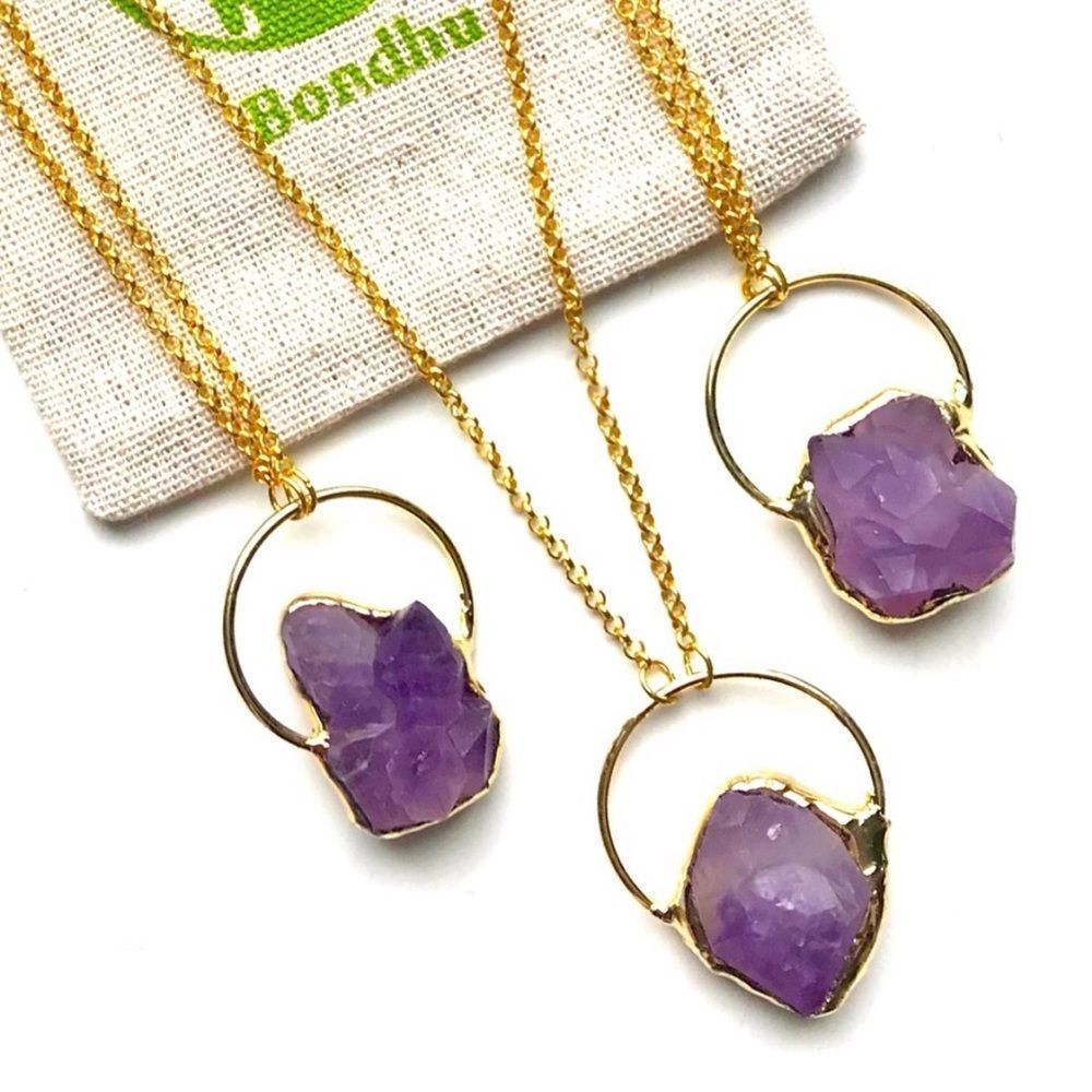 Frosted Matte Amethyst Stone Cluster Electroplated Pendent - 18 Karat Gold Chain